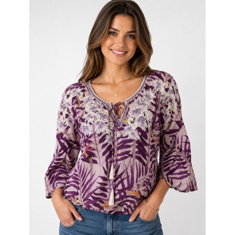 TAJ by Sabrina Crippa Silk Tropical Blouse Purple Beaded Boho Peasant Top S